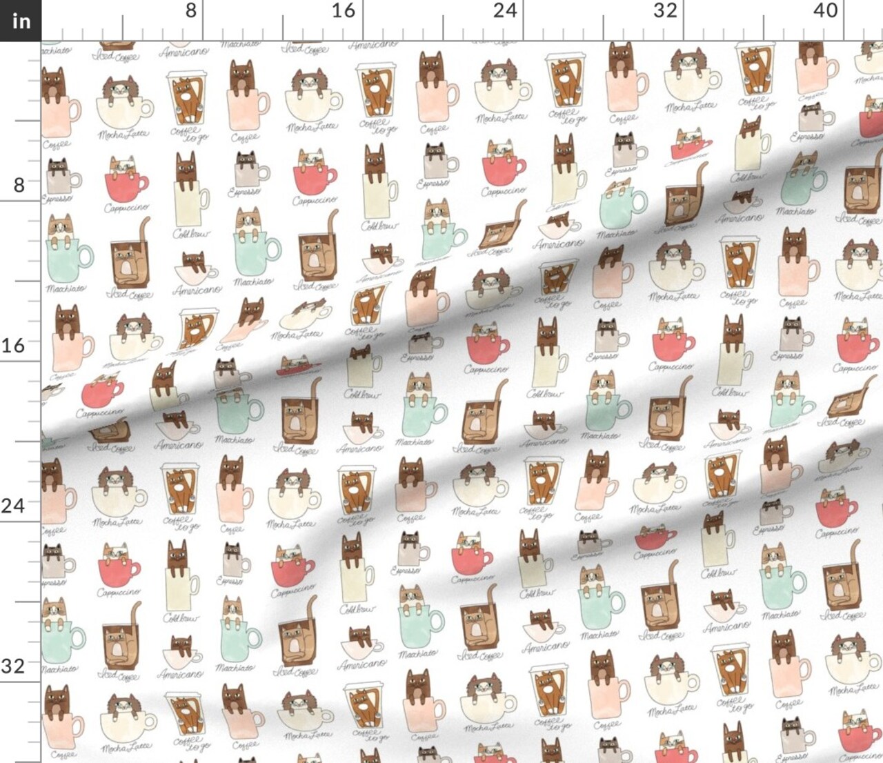 Coffee Cats Pets Funny Watercolor Cat Kitty Latte Espresso Custom Printed Fabric by Spoonflower Various Fabrics by the Yard or Fat Quarter